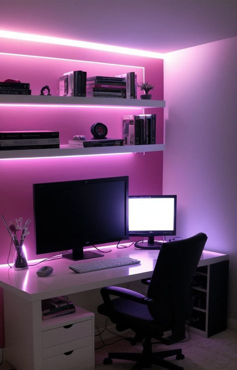 Create a dreamy gaming setup by incorporating LED lights in your bedroom. Line the perimeter of your desk or shelves with LED strips to add a vibrant and futuristic touch to your gaming space. Pair it with modern and sleek furniture pieces to complete the aesthetic. Led Aesthetic, Aesthetic Lighting, Gaming Space, Day Room, Led Lighting Bedroom, Bedroom Ideas Aesthetic, Desktop Setup, Sleek Furniture, Led Light Strips