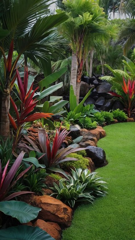 Unlock Tropical Bliss with 15 Landscaping Ideas 39 Tropical Courtyards Landscape Design, Tropical Hillside Landscaping, Tropical Slope Landscaping, Tropical Ranch House, Backyard Tropical Landscaping, Tropical Home Garden, Tropical Pergola Ideas, Easy Florida Landscape Ideas, Palm Tree Landscape Ideas