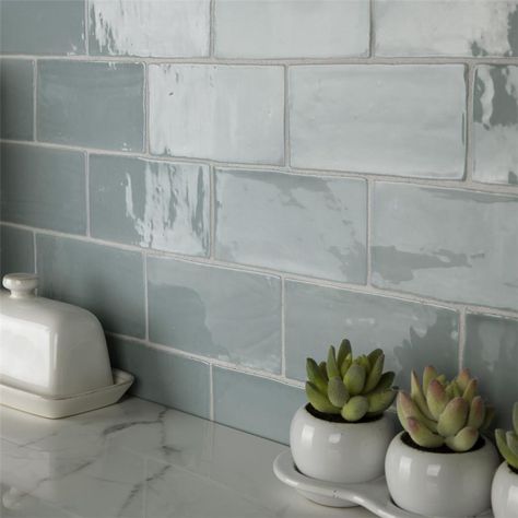 SomerTile - Chester 3" x 6" Subway Tile - Acqua The Chester Collection by SomerTile is a ceramic glazed wall tile that is available in 9 unique colors that is sure to fix any space. The Chester collection is also available in a 3"x12" subway tile, chair rail, bullnose, and a jolly edge trim. Specifications: Item Code: WNU36CAC Size: 3" x 6" Tile Depth: .4" Composition: Ceramic Residential use: walls Commercial use: walls Square Feet Per Box: 5.72 Pieces Per Box: 44 Seaglass Subway Tile Backsplash, Teal Subway Tile Kitchen, Coastal Kitchen Floating Shelves, Seafoam Blue Kitchen, Seafoam Green Kitchen Backsplash, Sage Subway Tile Kitchen, Teal Kitchen Accents, Seafoam Backsplash, Kitchen Blue Backsplash Ideas