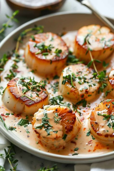 Close-up of tender scallops drizzled with a velvety vodka cream sauce, highlighting the dish's elegant presentation and gourmet ingredients. Vodka Cream Sauce, Shrimp And Scallop Recipes, Seafood Delight, How To Cook Scallops, Cream Sauce Recipe, Fish Dinner Recipes, Seafood Pasta Recipes, Seafood Entrees, Cream Sauce Recipes