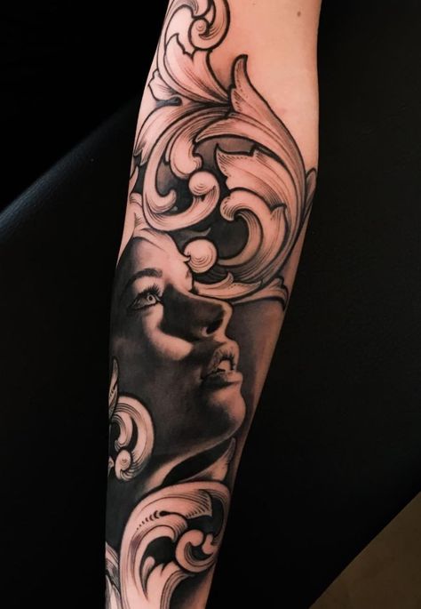 Filigree Rose Tattoo, Baroque Tattoo, Filagree Design, Mangas Tattoo, Lion Tattoo Sleeves, Filigree Tattoo, Surreal Tattoo, Animal Tattoo Ideas, Girl Face Tattoo