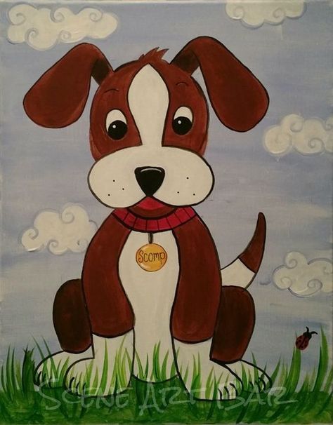 *FR* Dog Paintings For Kids Kids Canvas Painting, Drawing Videos For Kids, Painting Ideas For Beginners, Painting Activities, Simple Canvas Paintings, Kids Canvas, Easy Canvas Painting, Cute Paintings, Canvas Painting Diy