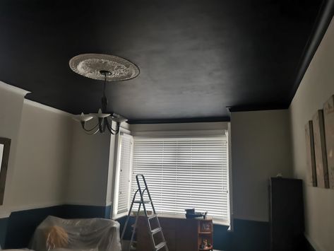 A work in progress.  Black ceiling.  Deciding on colour of walls 🤔 Bedroom Mirror On Ceiling, Black Room Ceiling, Grey Walls Black Ceiling, Bedrooms With Black Ceiling, White Wall Black Ceiling, Green Walls Black Ceiling, White Walls Black Ceiling, Black Ceiling White Walls, Black Ceiling Living Room