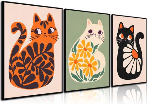 PRICES MAY VARY. 【Cute Cat Poster Size】: 12x16inch Or 16x24inch, Are Two Sizes Are Available. Our cat wall art are unframed, you can prepare the frames that work with your decor and the print! Assemble and install by yourself, fully enjoy the fun of DIY 【Boho Cats Posters Wall Art】: Looking for a vibrant artwork with a plant and cat theme to add some personality to your house? The abstract geometric boho with cat art print may be attract you, this print would look amazing as the finishing touch Mid Modern Century Art, Chihuahua Wall Art, Black Cat Bathroom Art, Living Room Prints Art, Simple Room Wall Decor, Bathroom Decor Painting, Crafts For Cat Lovers, 1970s Wall Decor, Mid Century Cat Art