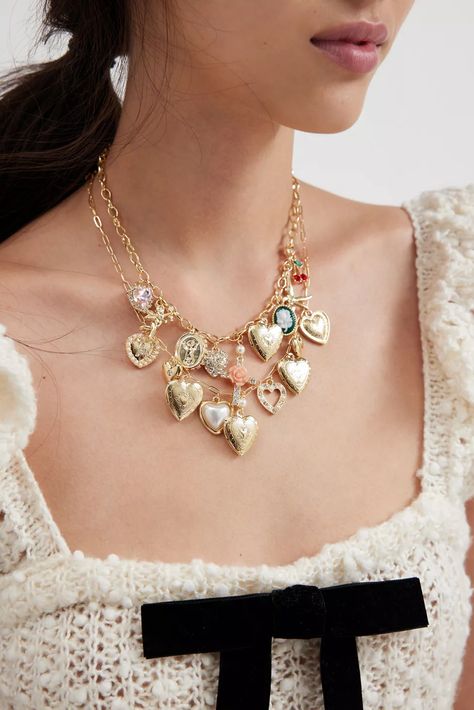 Bianca Layered Charm Necklace Set | Urban Outfitters Layered Necklaces Boho, Two Necklaces, Pinterest Contest, Layered Necklaces Silver, Gold Charm Necklace, Charm Necklaces, Layered Jewelry, Women Accessories Jewelry, Heart Locket