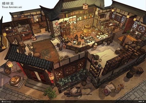 ArtStation - Paper Mage - Toad Apothecary, Vinci Ip Chinese Apothecary, Interior Concept Art, Adventurer's Guild, Fantasy Rooms, Building Concept, Isometric Art, Location Inspiration, Book Paper, Interior Illustration