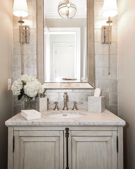 Such an elegant powder room! By Castlwood Custom Builders Elegant Powder Room, Sink Mirror, Guest Bathroom Small, Powder Room Vanity, Powder Room Decor, Bad Inspiration, Guest Bathrooms, Half Bathroom, Trendy Bathroom