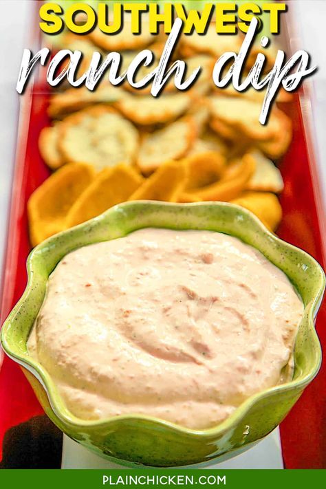 Southwest Ranch Dip – creamy ranch dip with a kick. Only 5 ingredients and ready to eat in 5 minutes! Cream cheese, sour cream, ranch dressing mix, Rotel diced tomatoes and green chiles, and lime juice. Pop everything in the food processor and blend until smooth. Can make ahead of time and refrigerate for later. Great as a dip with chips and veggies, salad dressing, or dipping sauce. We LOVE this homemade southwest ranch dressing! Easy Mexican Dip, Mexican Chips, Mexican Dip Recipes, Dip For Chips, Southwest Ranch, Southwestern Ranch, Cream Cheese Sausage Balls, Quick Dip, Plain Chicken