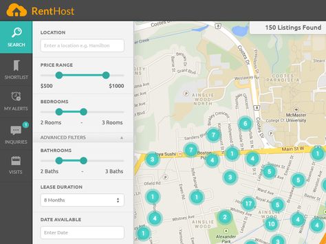 Map-view of RentHost Search UI with filters pane docked at the left and map showing clusters of available listings. Visit http://renthost.ca/ to check it out. Search Ui, Admin Ui, Tablet Ui, Ui Design Dashboard, Map Marker, Ui Patterns, Area Map, Remote Sensing, Products Design