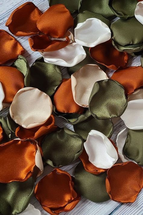 Burnt Orange Terracotta Olive Green Petals Fall Wedding Decor Woodland Enchanted Forest Rustic Wedding Aisle Decor, Rustic Wedding Aisle, Forest Wedding Decor, Woodland Forest Wedding, Green Fall Weddings, Forest Wedding Decorations, Orange Wedding Decorations, Boho Chic Fall, Forest Green Wedding