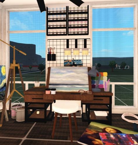 Secret Room Ideas In Bloxburg, Art Room Bloxburg Ideas, Bloxburg Art Studio Ideas, Bloxburg Town House Interior, Secret Room Bloxburg, Bloxburg Music Room Ideas, Bloxburg Art Classroom, Bloxburg Mood Stations, Pool Table Bloxburg