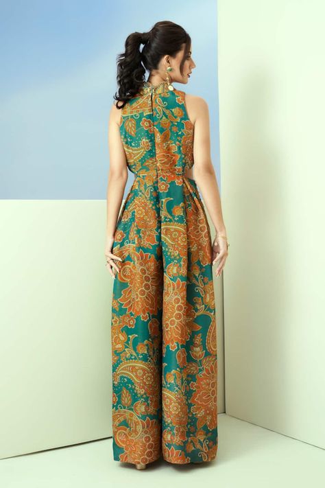 Buy Taavare Blue Tissue Organza Floral And Paisley Print Jumpsuit Online | Aza Fashions Traditional Jumpsuit, Simple Suits, Indian Fits, Cutout Jumpsuit, Trendy Outfits Indian, Stitching Ideas, Jumpsuit For Women, Traditional Indian Outfits, Indian Dresses Traditional