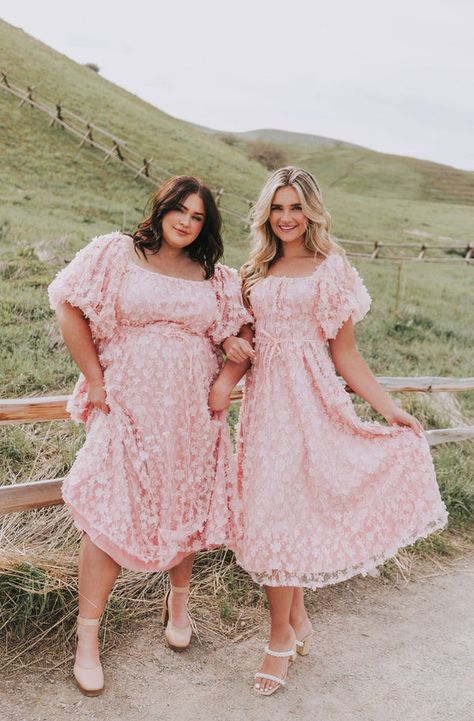 Plus Midi Dresses Pink Dress Puff Sleeves, Pink Prom Dresses Sleeves, Pink Bridesmaid Dress Plus Size, Pastel Dress Plus Size, Plus Size Pink Bridesmaid Dresses, Pink Tiered Maxi Dress, Garden Party Maxi Dress, Pink Baby Shower Dress For Mom, Wedding Guest Dress Sleeves