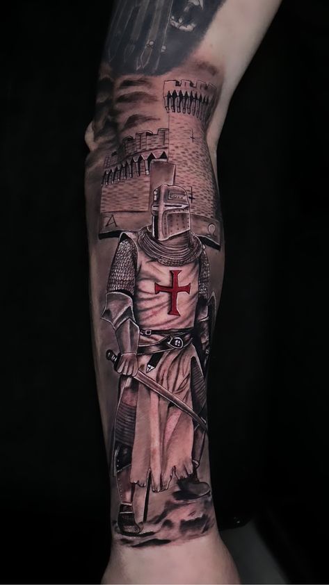 English Tattoo For Men, Crusades Tattoo, Crusader Tattoo Sleeve, German Tattoo For Men, St George Tattoo, Italian Tattoos For Men, Ritter Tattoo, Knights Templar Tattoo, Templar Tattoo