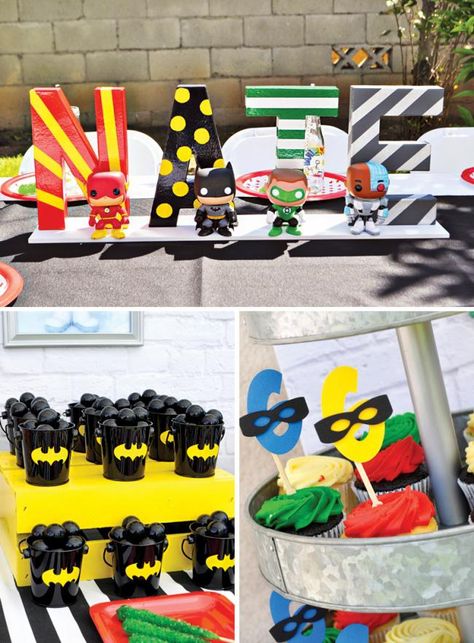 Justice League Birthday Party, Justice League Artwork, Birthday Parties For Boys, Justice League Party, 5th Birthday Party Ideas, Batman Birthday Party, Kids Themed Birthday Parties, Avengers Party, Batman Party