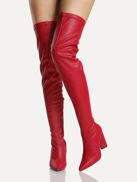 Shop Point Toe Stitched Thigh High Boots RED online. SheIn offers Point Toe Stitched Thigh High Boots RED & more to fit your fashionable needs. Red High Heel Boots, Red Knee High Boots, Above Knee Boots, Thigh High Boots Heels, Red High Heels, High Heel Boots Knee, Chunky Heels Boots, Socks And Heels, Pointed Toe Boots