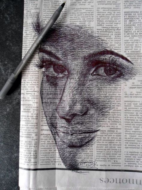 Drawing On Newspaper, Newspaper Sketch, Newspaper Ideas, Ink Pen Art, Newspaper Art, Book Page Art, Artsy Pictures, Pen Sketch, Expressive Art