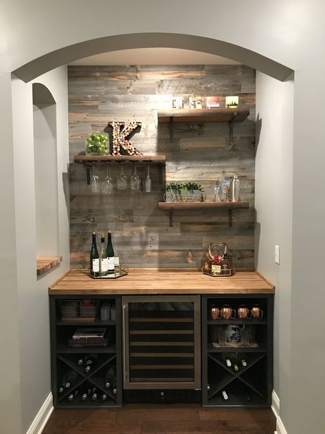 Sideboard Drinks Station, Wine Bar Nook Ideas, Upstairs Coffee Station, Wine Nook In Kitchen, Wine Nook Ideas, Wine Closet Ideas Small Spaces Bar Areas, Drinks Station In Kitchen, Wine Corner Ideas Decor, Rustic Bar Area In Home