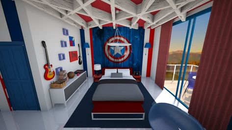 Captain America by mjhernale. A design bedroom with products like the HP Pavilion Laptop, DV6-1140EA, 2GHz with 15.6 Inch Display, MS Office Home & Student & Norton 360, Absinthe Case SQ, White and a Snow Cabinet Avengers Tower Bedroom Ideas, Avengers Compound Bedroom, Captain America Room Ideas Boy Bedrooms, Marvel Kids Bedroom Farmhouse, Captain America Room, Captain America Bedroom, Superhero Bedroom, Boys Bedroom Decor, Boy Bedroom