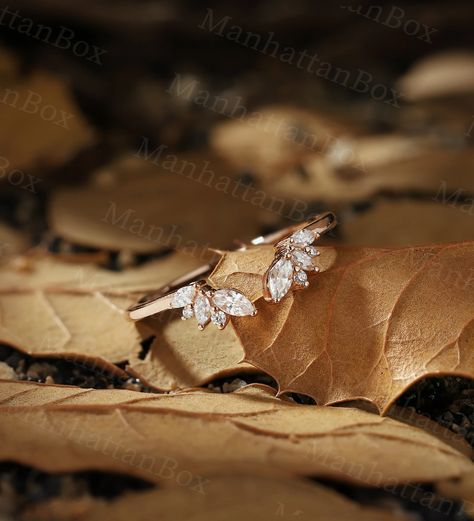 Delicate Diamond Wedding Band Rose Gold Open Ring Vintage | Etsy Unique Rose Gold Wedding Band, Wedding Bands With Pear Engagement Ring, Waffley Wedded, Wedding Bands Rose Gold, Vanki Ring, Nature Inspired Wedding Bands, Contoured Wedding Band, Petal Ring, Open Wedding Band