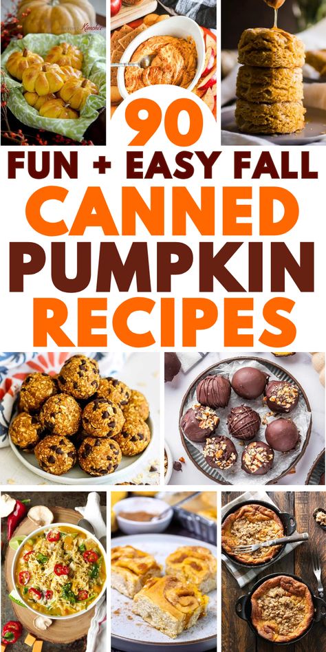 Easy ways to use canned pumpkin to make pumpkin desserts like cookies, bread, and muffins, plus healthy snacks, and fall dinner recipes. Canned Pumpkin Pie Filling Recipes Desserts, Dessert Recipes Using Canned Pumpkin, What To Do With A Can Of Pumpkin, Easy Can Pumpkin Recipes, Recipes With A Can Of Pumpkin, Recipes With Canned Pumpkin Easy, Pumpkin Canned Recipes, Pumpkins Puree Recipes, Recipes For Canned Pumpkin