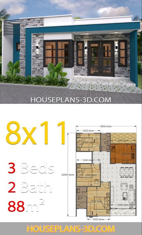 House Plans 3d, Three Bedroom House Plan, 3d House Plans, Affordable House Plans, Plans House, 3d House, Simple House Design, House Plan Gallery, House Construction Plan