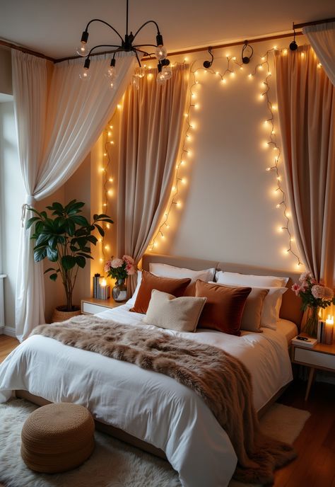 Boho Bedroom with Curtain Lights Boho Bed Curtains, Curtains Behind Bed No Window, Fairy Lights Headboard, Above Bed Canopy, Curtains Over Closet, Curtains Over Bed, Curtain Wall Bedroom Behind Bed, Bed Curtains Aesthetic, Curtain Behind Bed