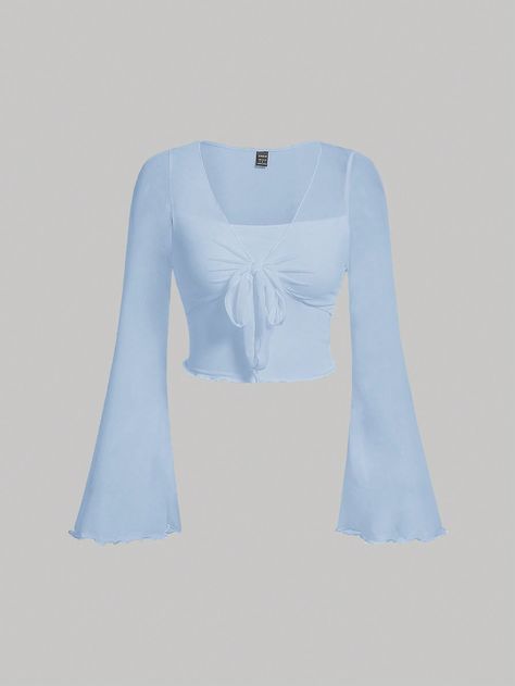 Tie Front Bell Sleeve T-shirt Baby Blue Casual  Long Sleeve Knitted Fabric Plain  Medium Stretch  Women Clothing, size features are:Bust: ,Length: ,Sleeve Length: Light Blue Crop Top Outfit, Aqua Clothes, Flare Shirts, Light Blue Shirt Outfit, Blue Tops For Women, Light Blue Long Sleeve Shirt, Baby Blue Outfit, Street Style Outfits Casual, Flare Shirt