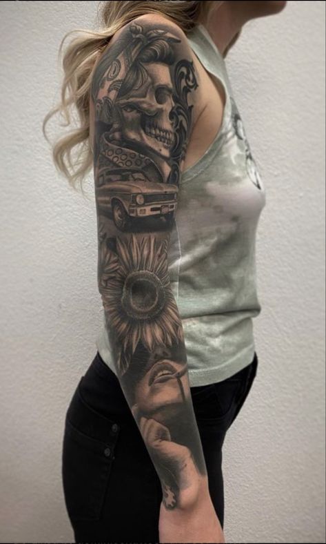 Sunflower, skull, cars, and more. Sleeve tattoo idea Womens Realism Sleeve Tattoo, Rustic Sleeve Tattoos For Women, Unique Female Sleeve Tattoos, Southern Sleeve Tattoos For Women, Women Arm Sleeve Tattoo Ideas Unique, Half Arm Sleeve Tattoo For Women Unique, Tattoo Ideas Female Full Sleeve, Female Upper Arm Tattoo, Women Sleeve Tattoo Ideas Inspiration