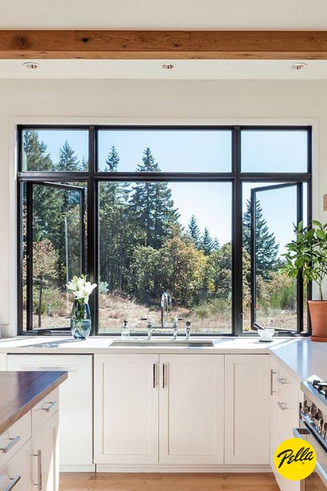 Kitchen Windows Above Sink, Big Kitchen Window, Window Above Sink, Black Window Frames, Pella Windows, Storage Inspiration, Kitchen Images, Interior Windows, Willamette Valley