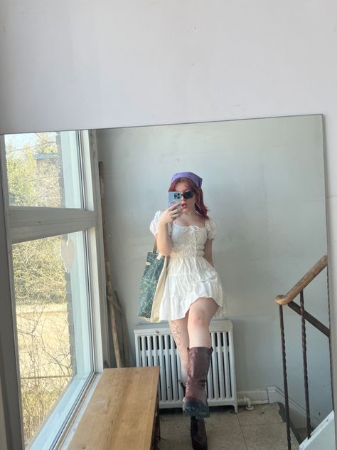 Fashion inspo, style, milkmaid, milkmaid dress, vintage style, cottage core, 90s style, outfit, style, outfit inspo, cowboy boots, hippie, hippie style, hippie fashion, mirror selfie, indie aesthetic, witchy, witchy style, tattoo, dragon tattoo, womens style, sundress, aesthetic, redhead, thigh tattoo, Milkmaid Dress Outfit, Milkmaid Outfit, Aesthetic Redhead, Fashion Mirror Selfie, Sundress Aesthetic, Witchy Style, Milkmaid Dress, Tattoo Dragon, Hippie Fashion