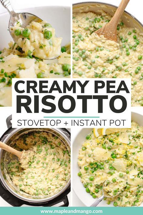 Who knew peas and rice could be so fancy?! Learn how to make a super delicious creamy pea risotto at home with this easy recipe! This is the perfect spring risotto featuring spring flavors like peas and lemon! Includes step-by-step instructions for both stovetop and the Instant Pot (pressure cooker). | www.mapleandmango.com Pea And Ham Risotto, Sweet Pea Risotto, Spring Risotto, Risotto With Peas, Peas And Rice, Spring Flavors, Pea Risotto, Creamy Peas, Rice And Peas