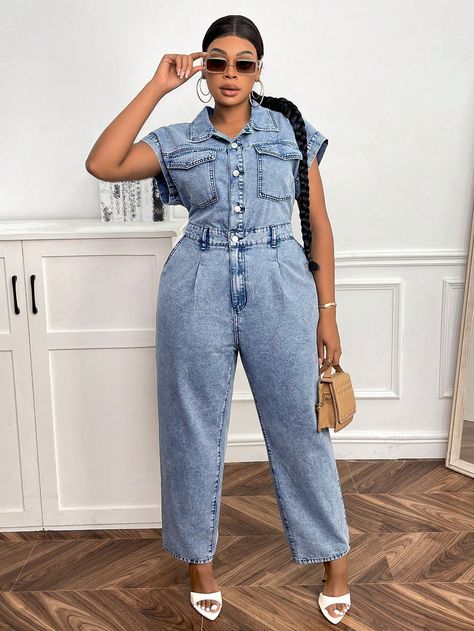 Light Wash Casual Collar Short Sleeve Denim Plain  Embellished Non-Stretch Spring/Summer/Fall Women Plus Clothing Plus Size Denim Jumpsuit, Short Sleeve Denim Jumpsuit, Short Sleeve Denim, Salopette Jeans, Plus Size Denim, Cashmere Fabric, Clothing Designs, Jeans Casual, Denim Overalls