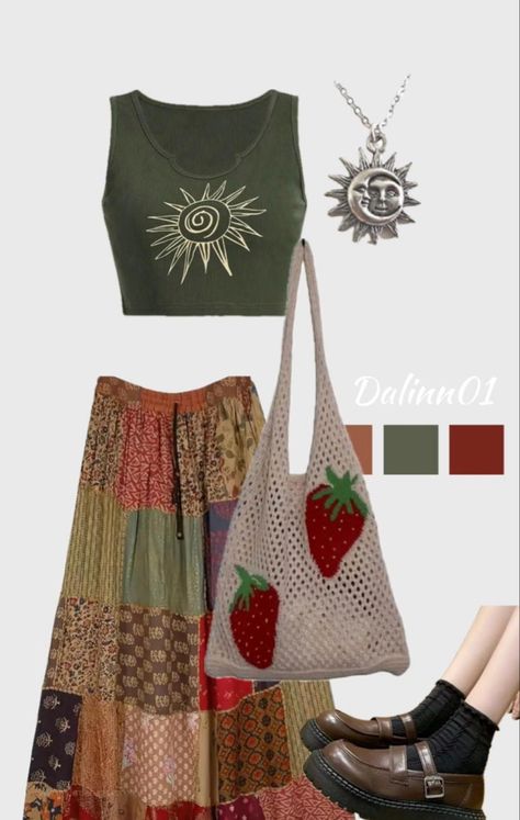 Boho style summer outfit Yellow Boho Outfit, Boho Outfits Shein, Cute Hippy Outfit, Hippie Cottagecore Outfits, Boho Curvy Style, Fairy Core Summer Outfits, Hippie Core Outfits, Hobo Aesthetic Outfit, Summer Cottage Core Outfits