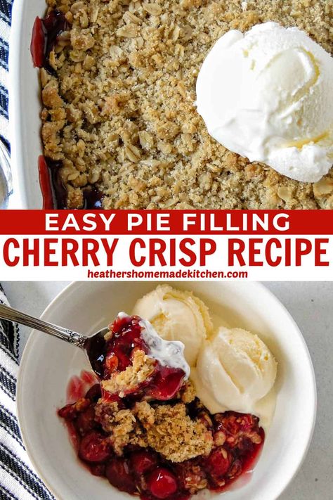 This Cherry Crisp Recipe is a quick and easy dessert made with pie filling and a crunchy oat topping. Top it with a scoop of ice cream or whipped cream and it's heavenly! Cherry Crisp With Pie Filling, Cherry Pie Filling Recipes Easy, Pie Filling Desserts, Cherry Crisp Recipe, Cherry Pie Filling Recipes, Oatmeal Crisp, Crisp Desserts, Cherry Crisp, Cherry Crumble