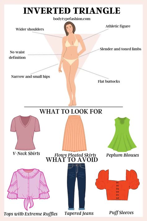 Dos and don'ts for inverted triangle body shape - Fashion for Your Body Type Inverted Triangle Body Shape Fashion, Triangle Outfits, Inverted Triangle Body Shape Outfits, Triangle Body Shape Fashion, Inverted Triangle Fashion, Triangle Body Shape Outfits, Inverted Triangle Outfits, Body Shape Guide, Type Outfit