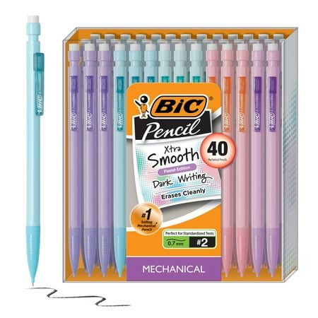 BIC mechanical pencil Xtra Life pastel edition. 0.7mm #2 smooth writing black lead with quick advance action. Erases cleanly, writes dark and is approved for standardized tests. Attached clip for storage. Comes in assorted pastel colored barrels. Each pack includes 40 pencils. Color: Multicolor. Bic Mechanical Pencils Pastel, Preppy Pencils, Walmart School Supplies, Pastel School Supplies, Pastel Mechanical Pencils, Cute Mechanical Pencils, Erasers School, Pencils For School, Bic Mechanical Pencils