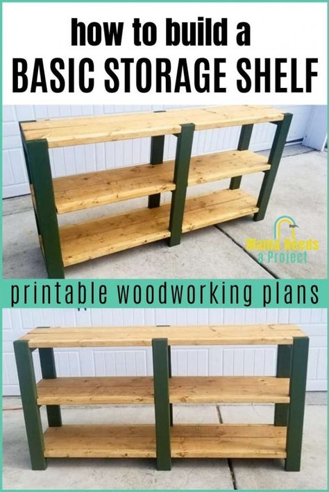 Basic Storage Shelf Plans | Build a Simple Storage Shelf | Mama Needs a Project Shelf Plans Diy, Rent Room, Shelf Plans, Woodworking Plans Shelves, Printable Woodworking Plans, Pantry Garage, Garage Closet, Free Woodworking Project Plans, Woodworking Blueprints