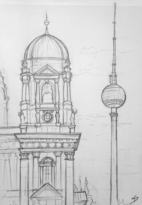 Quick Sketch - Lustgarten, Berlin. I drew this early in the morning, and the marathon was on, so the streets were empty. Berlin Sketch, Germany Drawing, Berlin Drawing, Arch Of Titus, Art Pad, Train Ticket, Architecture Drawing Sketchbooks, East Side Gallery, Mermaid Statues