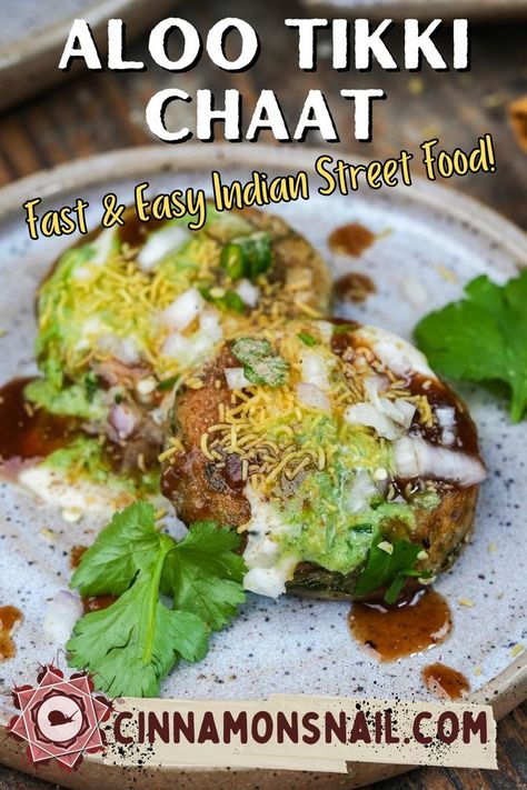 Vegan Aloo Tikki chaat is made with stuffed crispy potato patties and then topped with yogurt dahi cilantro chutney, and tamarind chutney. This tangy and spicy Aloo Tikki Chaat is one of the fav chaat dishes and is popular street food in India. Vegan Indian Dessert, Aloo Tikki Chaat, Tikki Chaat, Vegan Tikka Masala, Aloo Tikki, Cilantro Chutney, Vegan Indian Recipes, Potato Patties, Tamarind Chutney