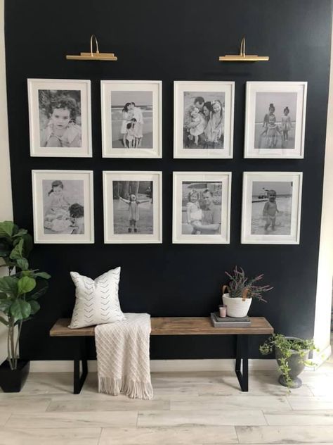 Picture Wall Ideas 11x14, Black Wall With Gallery Frames, Dark Gallery Wall Ideas, Vintage Morden Interior, Big Entryway Wall Ideas, Betenbough Homes Decor, Entryway Flex Room Ideas, Black Wall Photo Gallery, Family Room Wall Decor Ideas Modern