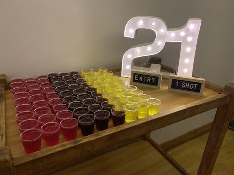 1 shot entry No Shot No Entry Party, 21st Birthday Party Bar Ideas, Shot To Enter, Shots Table Party Ideas, 21st Bday Table Decorations, Shot To Enter Party Sign, Entry Shots Party, Shot Table Party Ideas, Entry Fee One Shot Party