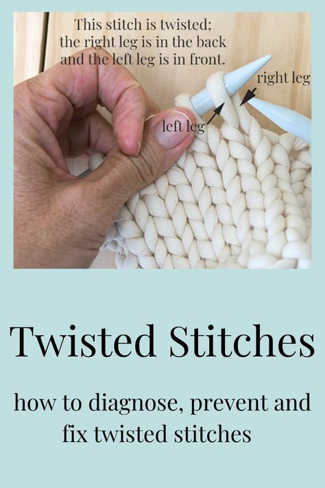 This post discusses what Twisted Knit Stitches are, how to prevent a twisted knit stitch and how to fix twisted stitches when knitting. Plus, how to put knit stitches back on needles so that they aren't twisted. Twisted Stitch Knitting, Twisted Knit Stitch, Knitting Knowledge, Yarn Weight Chart, Knitted Stitches, Room Crafts, Knitting Abbreviations, Yarn Twist, Knitting Hacks