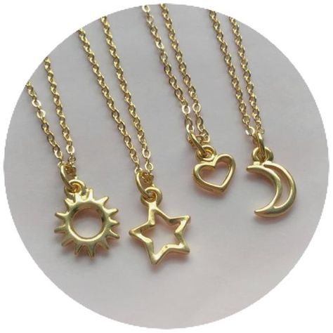 Best Friends necklaces, set of two, three or four! Or just four for yourself ;) Your choice of 10mm gold plated pewter Moon, Sun, Heart or Star pendant on 18” gold plated brass necklace, with tiny clasp closure. Also available in silver: https://www.etsy.com/ca/listing/500073607 One Four Friends Necklaces, Matching Necklaces For 4 Best Friends, Necklaces For 4, Best Friend Necklaces For 4 People, Friendship Necklaces For 4 Unique, Friendship Necklaces For 4, Four Best Friends, Best Friends Necklaces, Elephant Charm Necklace