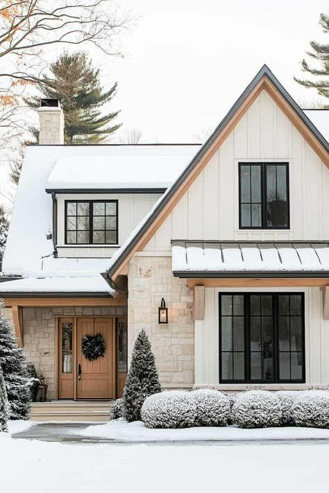 100+  Winter House Exterior Aesthetic Ideas That’ll Make Your Home Look Like A Cozy Postcard Peaked Roof Exterior, Garage Dormers Ideas Exterior, Light Farmhouse Exterior, Cape Farmhouse Exterior, Home Exterior Craftsman, Exterior Two Story House, Cute House Inspo Exterior, Denali Custom Homes, Connecticut Home Exterior