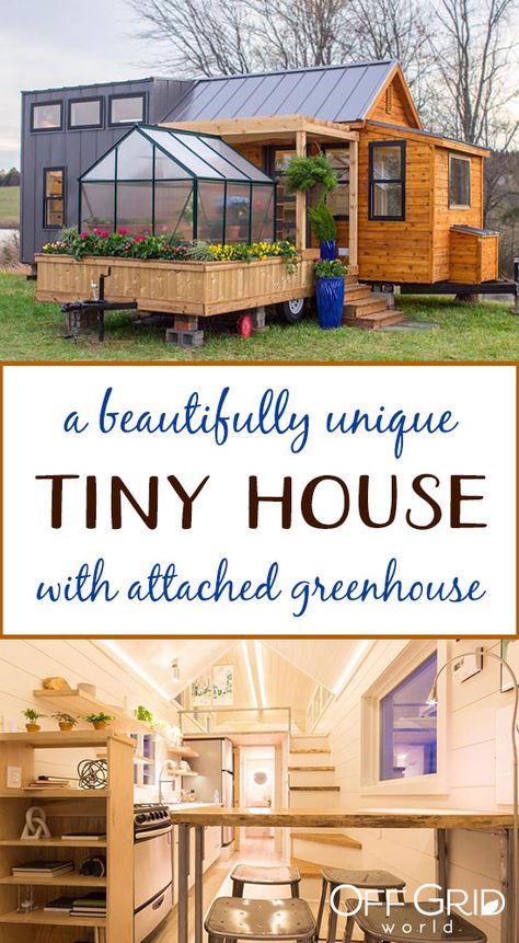 Tiny home with attached greenhouse Greenhouse Deck, Attached Greenhouse, Unique Tiny Home, Deck And Pergola, Home Greenhouse, Building A Tiny House, Tiny House Inspiration, Tiny House Listings, Greenhouse Plans