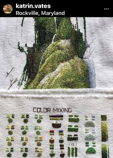 Moss Cross Stitch, Embroidered Moss On Clothes, Moss Embroidery Stitches, Katrin Vates Embroidery, How To Embroider Moss, Embroidery Moss Tutorial, Embroidery Over Stains, Moss Embroidery Clothes, Moss Embroidery Tutorial