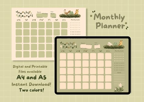 Undated Printable Calendar Monthly Planner Pr Digital Planner Themes, Green Planner, Planner Monthly Layout, Planer Organisation, Digital Monthly Planner, Landscape Planner, Monthly Planner Template, Calendar Monthly, Monthly Planner Printable