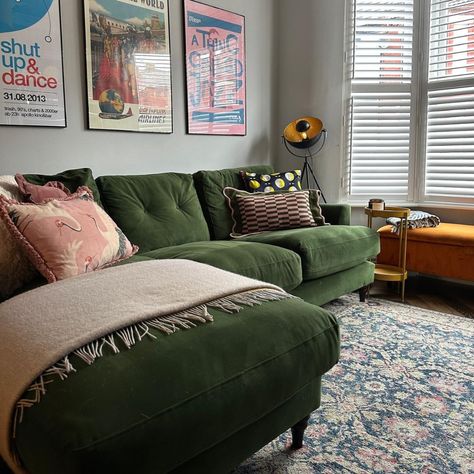 DFS | Can we talk about the cosy vibes of the @Joules Patterdale Velvet Sofa in Forest Green styled by @emeraldterrace? 🌿💚 Who else is feeling… | Instagram Velvet Sectional Living Room, Teal Blue Living Room, Green Velvet Sectional, Green Velvet Sofa Living Room, Small Chaise Sofa, Green Sectional, Blue And Green Living Room, Velvet Sofa Living Room, Blue Walls Living Room