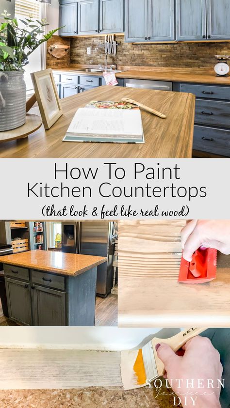 Painting Laminate Countertops To Look Like Wood: The Easy & Affordable Way! Update old & boring countertops to look & feel like real wood using Retique It Wood' N Finish Countertop Kit #countertopmakeover #kitchencountertop #paintedcountertop #kitchencountermakeover #DIYcountertops #paintedwoodcountertops #countertopDIY How To Make Countertops Look Like Wood, Laminate Countertops To Look Like Wood, Painting Laminate Countertops To Look Like Wood, Update Old Countertops, Diy Faux Wood Countertops, Paint Wood Countertops, Formica Wood Look Countertops, Laminate Wood Countertops, Painting Old Countertops